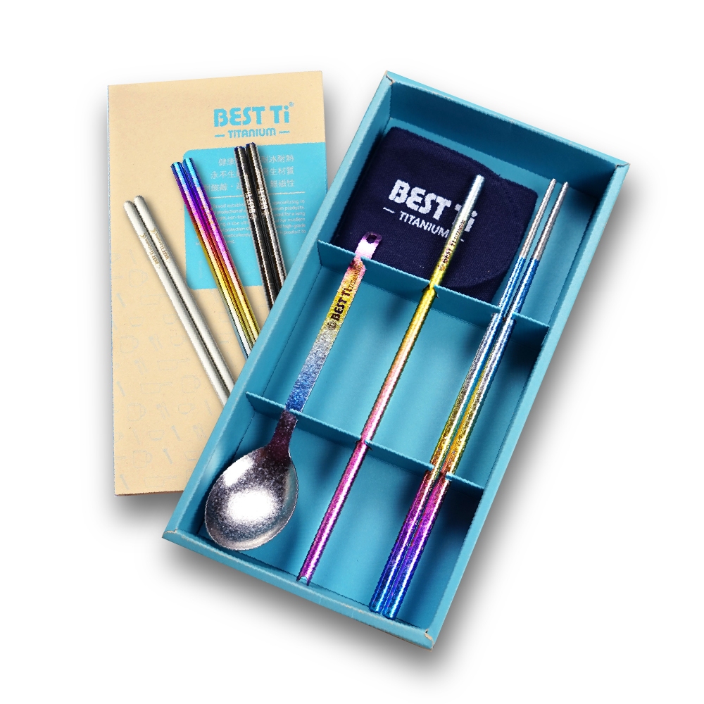 【純鈦餐具禮盒 三件組 冰晶繽紛彩】筷子 湯匙 吸管 餐具組 餐具 鈦餐具 環保餐具 禮盒 交換禮物