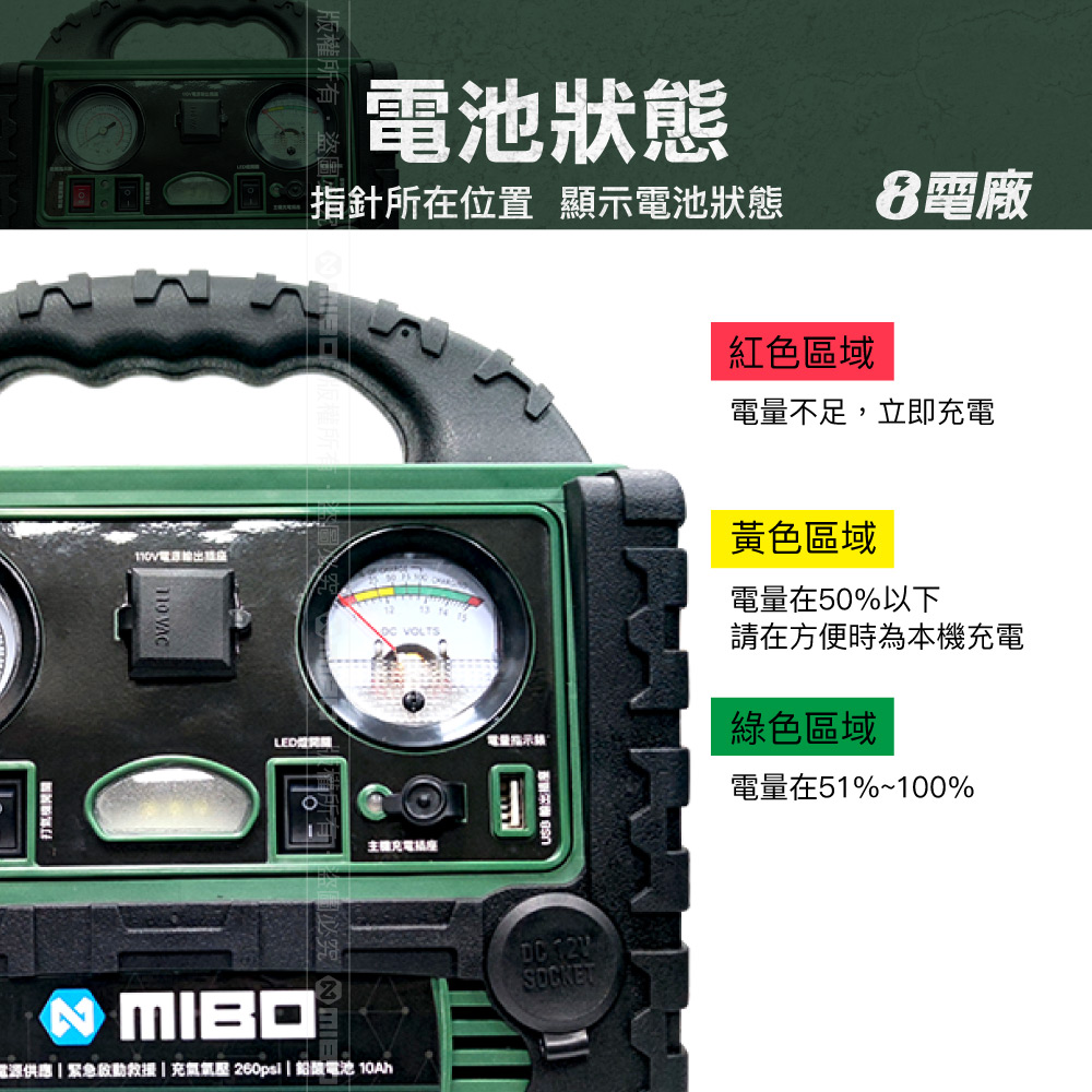 MIBO MB-1898 10Ah 6-in-1 Power Supply (Military Green Enhanced Model), Original Factory Direct, Vehicle Emergency Use, 110V Air Inflator, , large