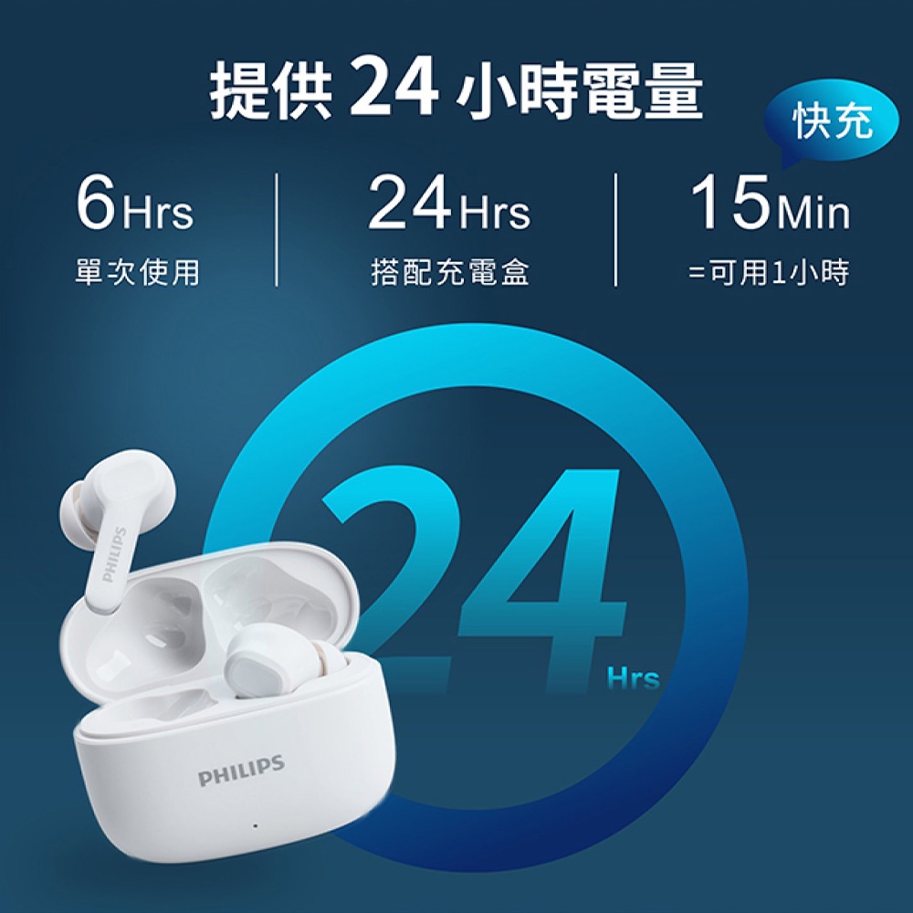 PHILIPS TAT1109 強低音藍牙耳機 24小時播放 AI麥克風 防水抗汗 黑/白, , large