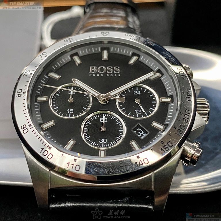 [星晴錶業]BOSS手錶,42mm,HB1513752黑色錶面銀錶殼深黑色真皮皮革錶帶款, , large
