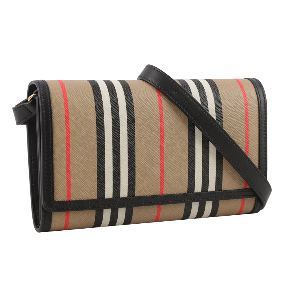 BURBERRY Hannah Icon Stripe 經典條紋皮夾式斜背包/米色/黑色, , large
