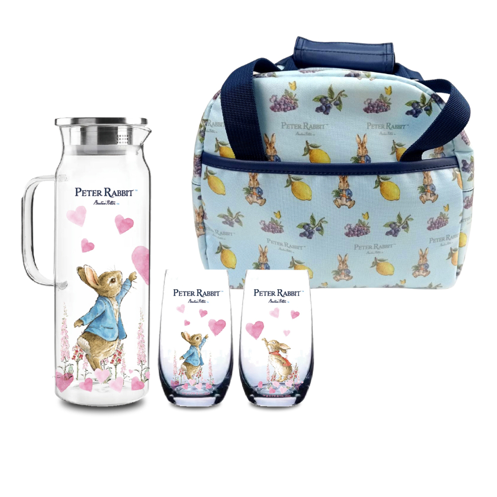 【世豐】比得兔 耐熱玻璃冷水壺及水杯3件組＿心心相印+保溫保冷袋便當袋-春遊 野餐籃 防水便當袋 烤肉野餐, , large