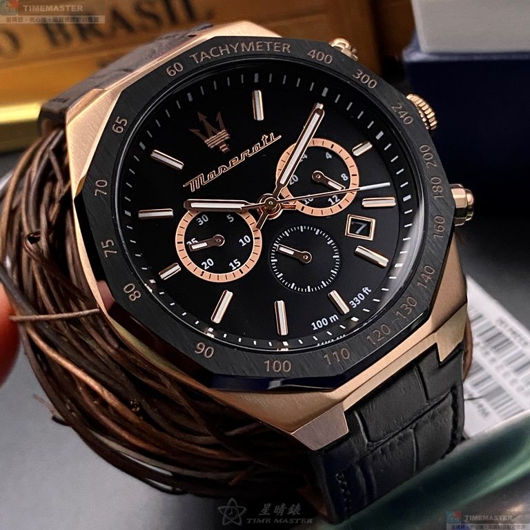 [星晴錶業]MASERATI手錶,46mm,R8871642001黑色錶面玫瑰金錶殼深黑色真皮皮革錶帶款, , large