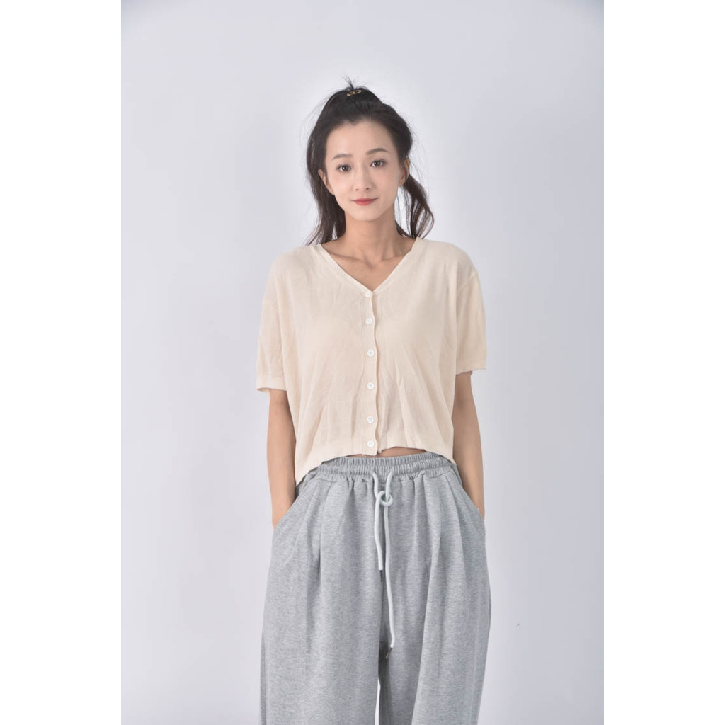 (XL) 排扣杏色短袖上衣二手衣, , large