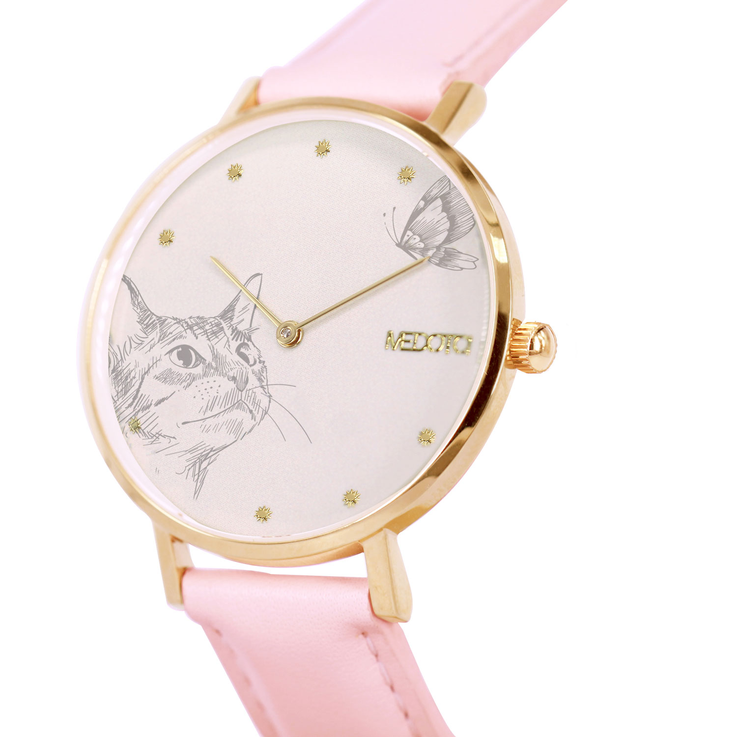 [MEDOTA] Love collection minimalist cat pink leather strap ladies watch-Gold / LO-10501, , large