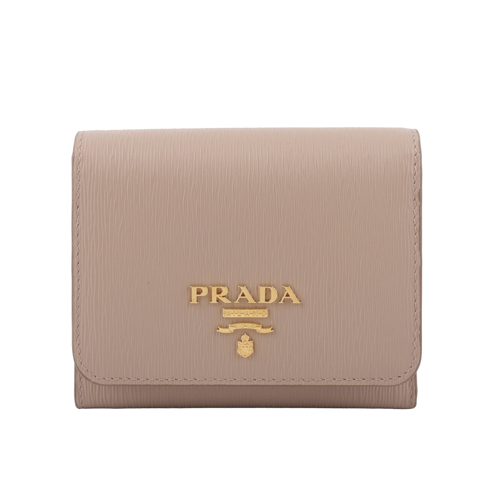 PRADA 三角牌LOGO水波紋皮革暗釦三折短夾/藕粉色, , large