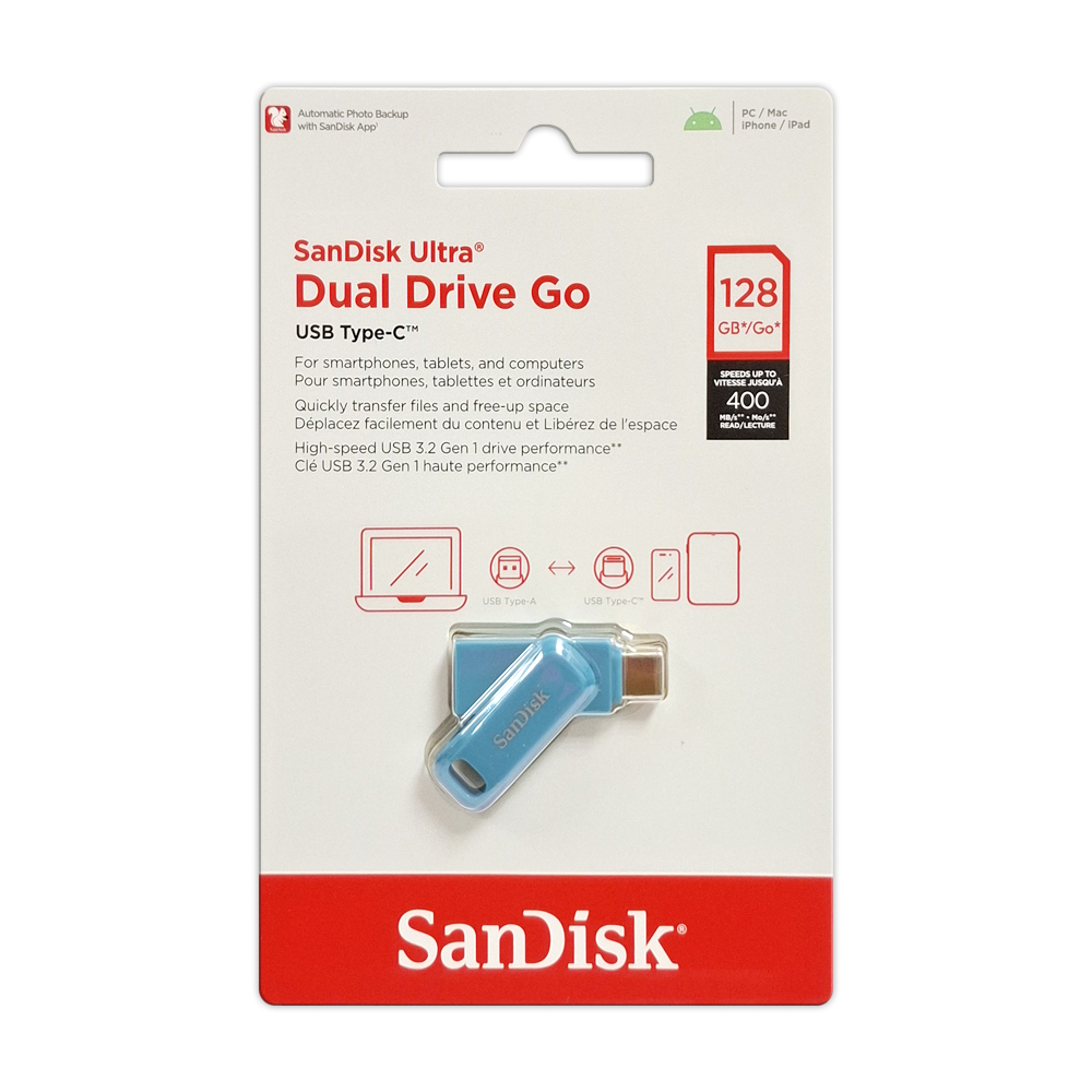 【SanDisk】Ultra GO 128G 海灣藍 TYPE-C USB 3.2 雙用 OTG 旋轉隨身碟 讀取速度 400MB/s, , large