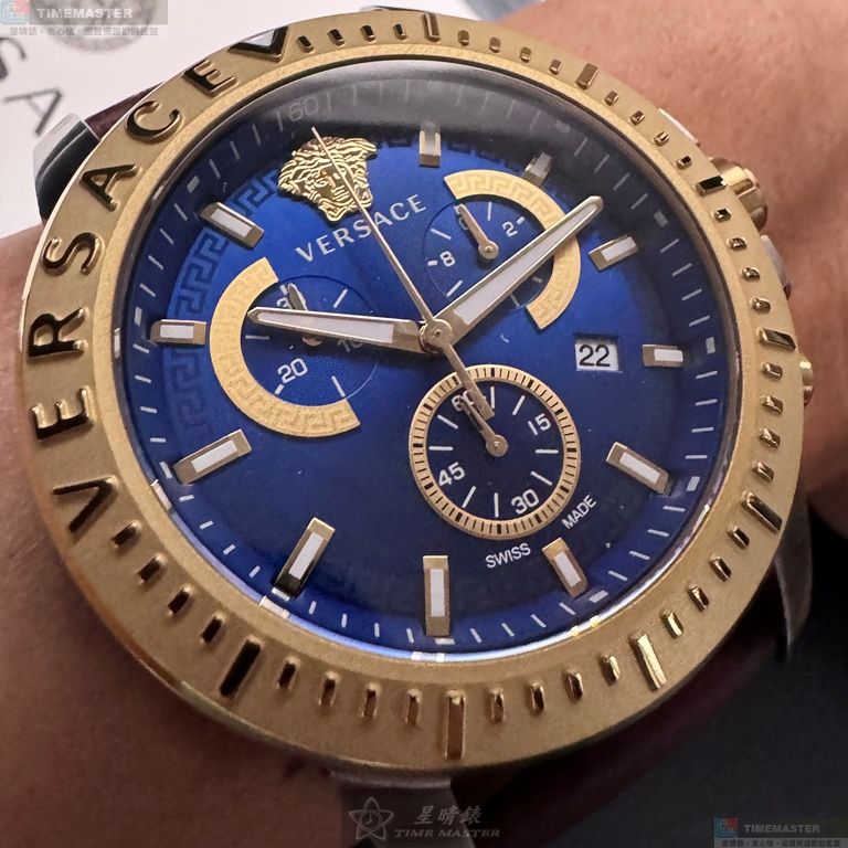 [星晴錶業]VERSACE手錶,46mm,VS11331寶藍色錶面金色錶殼咖啡色真皮皮革錶帶款, , large