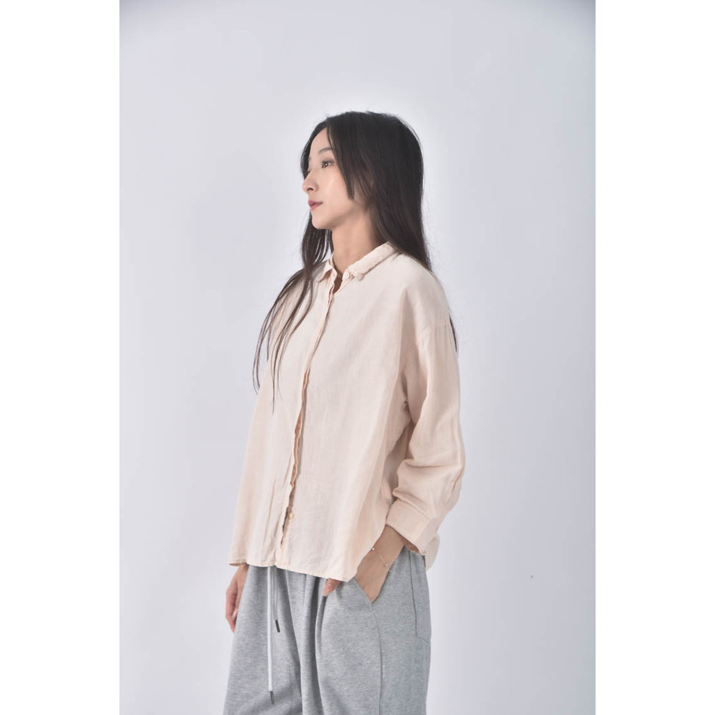 (F) uniqlo亞麻素面粉色長袖上衣二手衣, , large