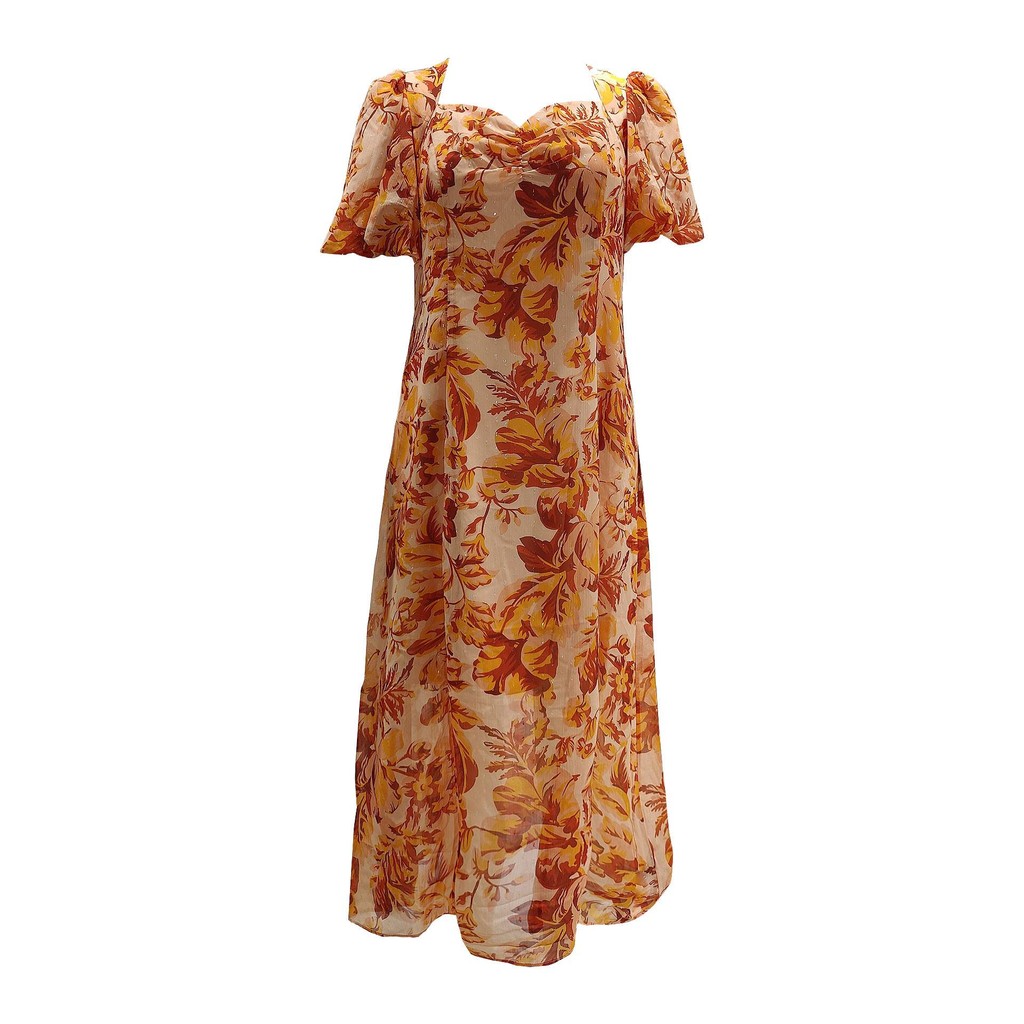 TOORDER橙葉復古印花桃心領泡泡袖洋裝, , large