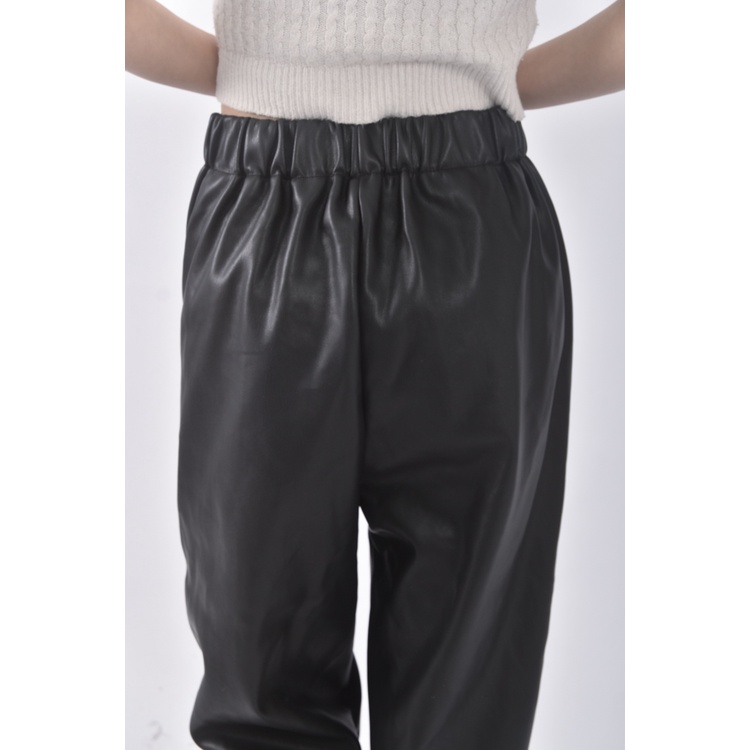 (S) tint高腰寬版皮質黑色長褲二手衣, , large