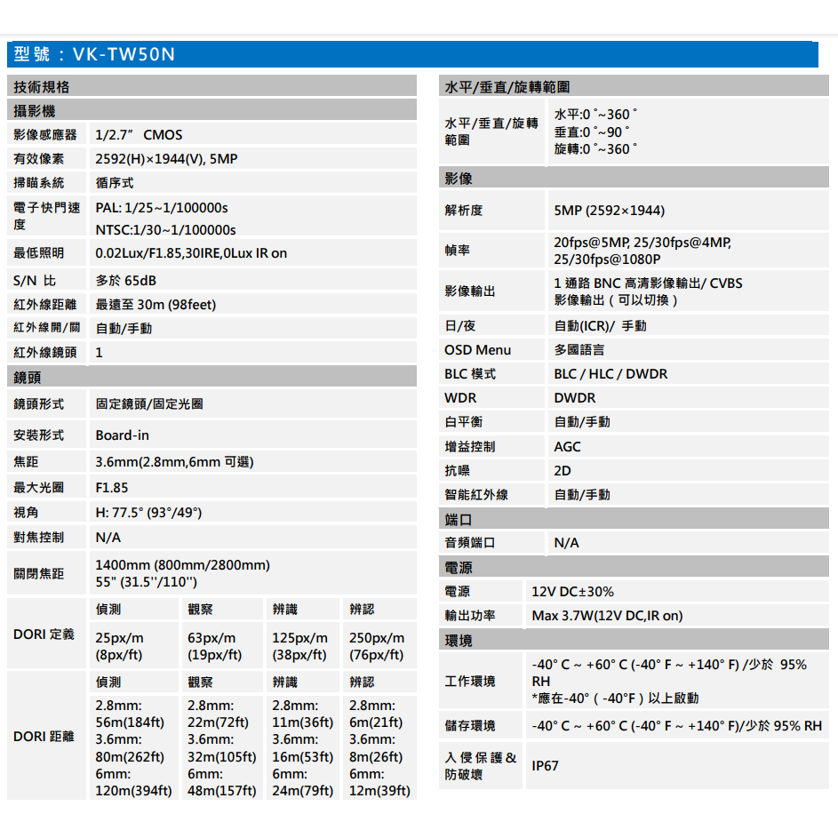 昌運監視器 SAMPO聲寶 VK-TW50N 5MP HDCVI 紅外線 槍型攝影機 紅外線30M, , large
