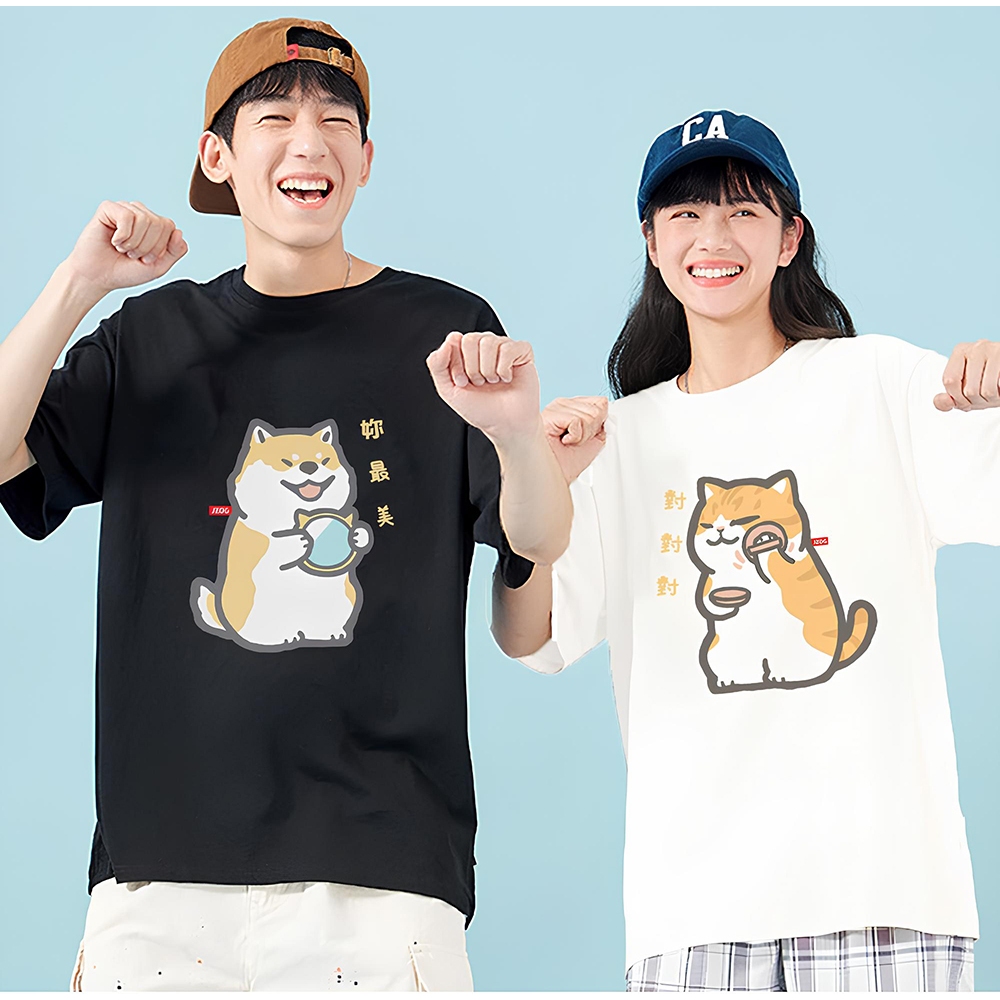 JZ TEE 柴犬&貓咪-你最美 印花短袖T恤, , large
