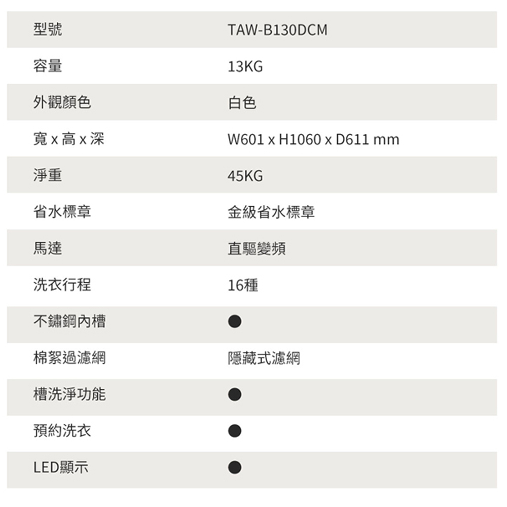 TATUNG 13kg Inverter Washing Machine TAW-B130DCM, , large