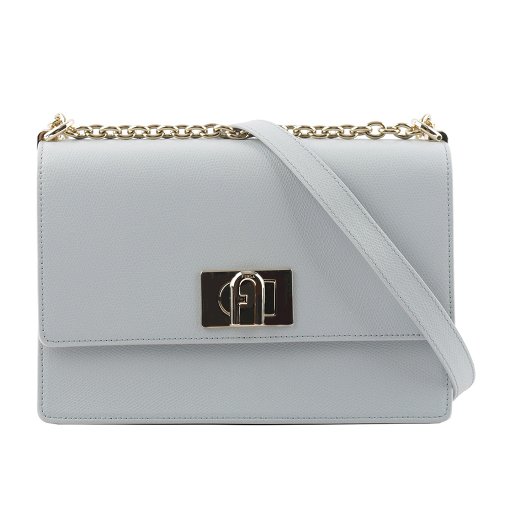 FURLA 1927 拱門轉釦小款翻蓋鏈帶二用包/淺藍色, , large