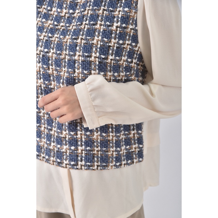 (S) 質感小香風假兩件藍色長袖上衣二手衣, , large