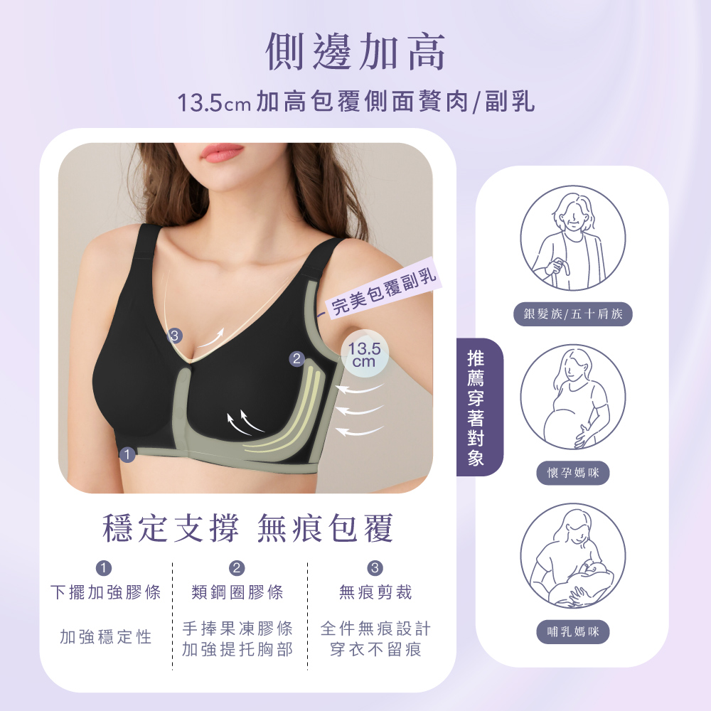 【伊柔 EVEROY】 裸肌無感無鋼圈前扣哺乳內衣 M-3XL(EQ)｜無痕包覆.加大尺碼 W031-63 百搭黑, , large
