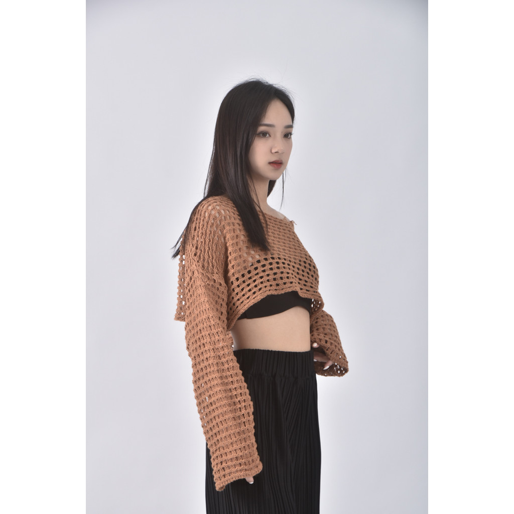 (F) 【里唯私服】meier q修身短版洞洞粉色長袖上衣二手衣, , large