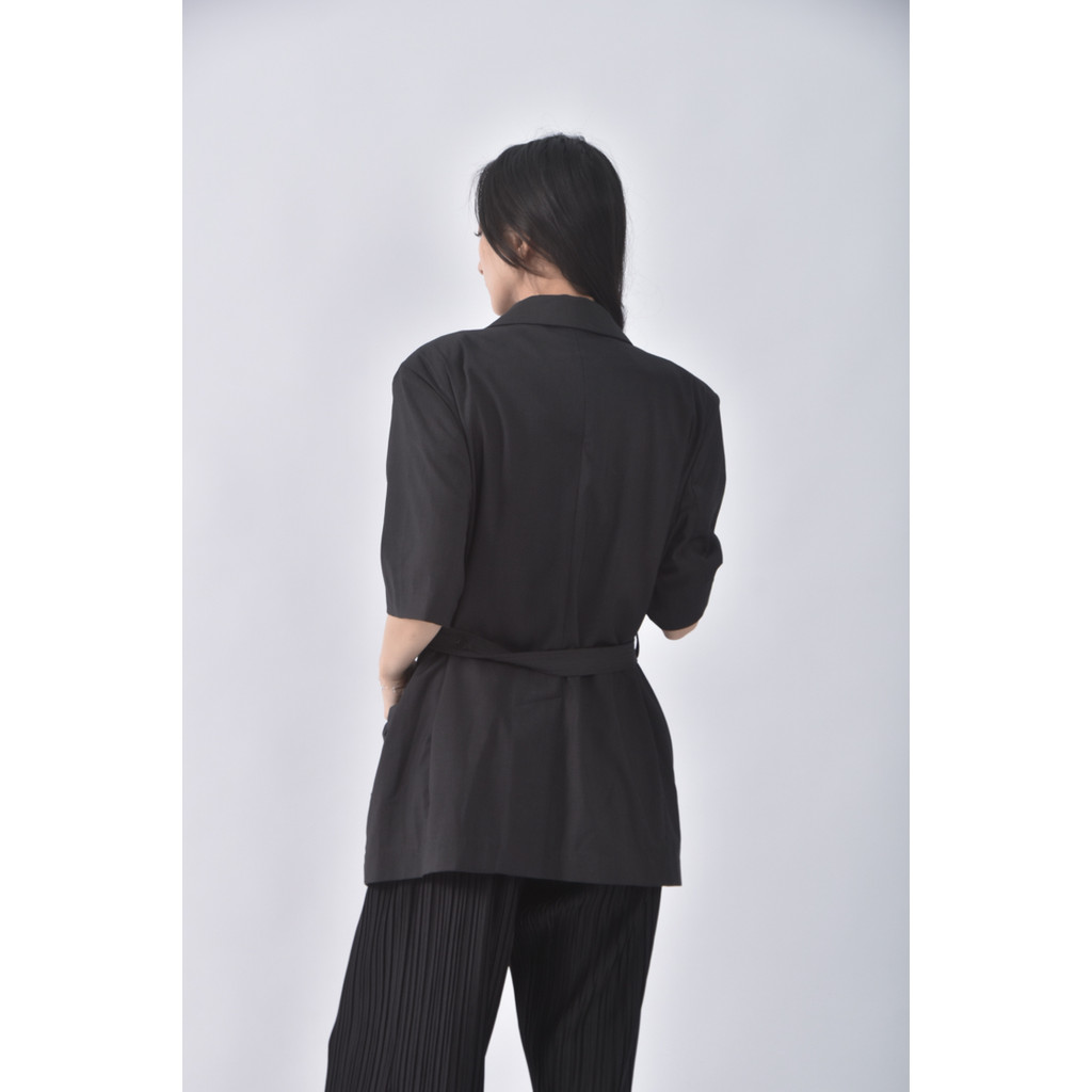 (L) 西裝棉質翻領排扣黑色綁帶外套二手衣, , large