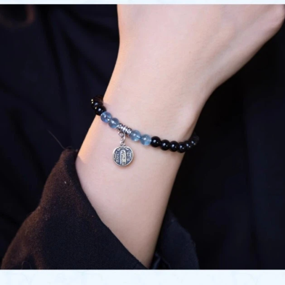 【A&R】招財轉運 天然黑曜石+海藍寶之五路財神手鍊 附精美禮盒 8MM, , large