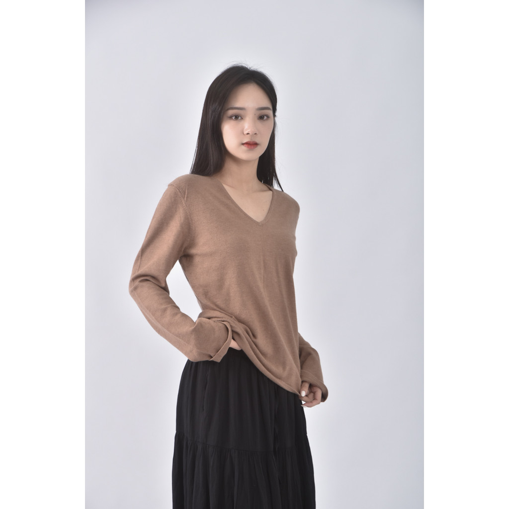(S) giordano ladies質感羊毛V領棕色長袖上衣二手衣, , large