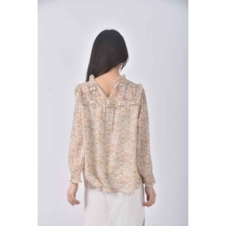 (M) 碎花質感花邊領口杏色長袖上衣二手衣, , large