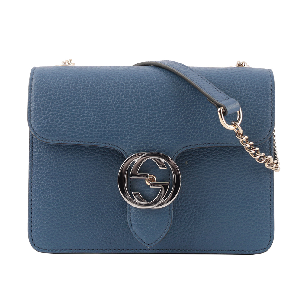 GUCCI 金屬雙G Logo荔枝皮革方形斜背包/藍色, , large