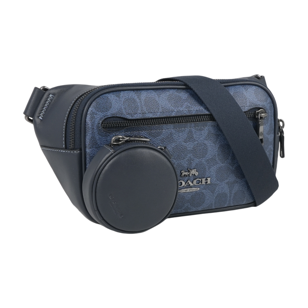 COACH Elias 塗層帆布及小牛皮附零錢小袋腰包/胸口包(牛仔藍/午夜藍), , large