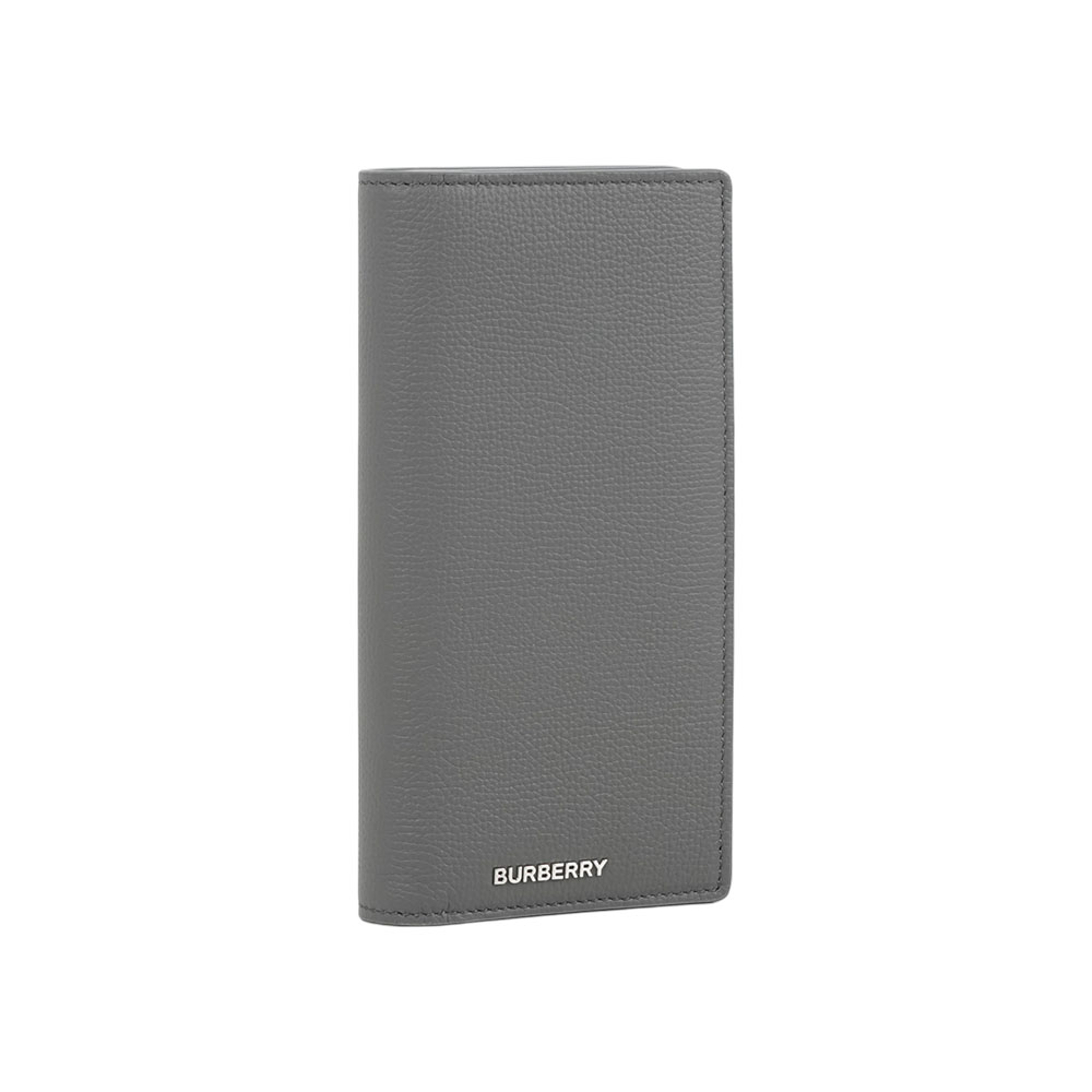 BURBERRY 銀字Logo粒紋牛皮16卡對開二折長夾(煤灰色), , large