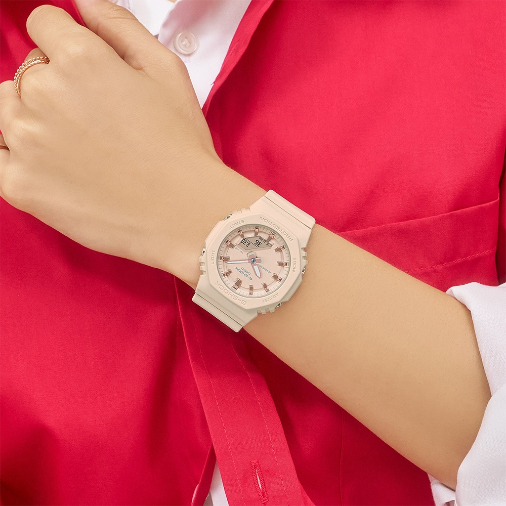 CASIO 卡西歐 G-SHOCK 優雅玫瑰金時標 八角雙顯手錶 520情人節 送禮-奶茶粉 GMA-P2100M-4A, , large