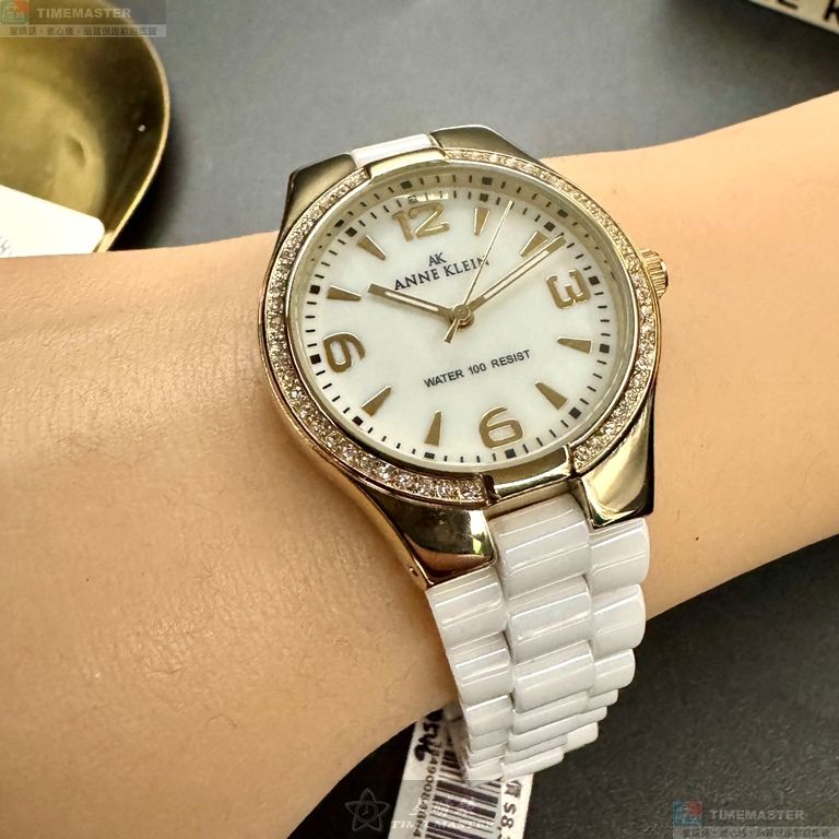 [星晴錶業]ANNE KLEIN手錶,34mm,AN00546白色, 貝母錶面金色錶殼白陶瓷錶帶款, , large
