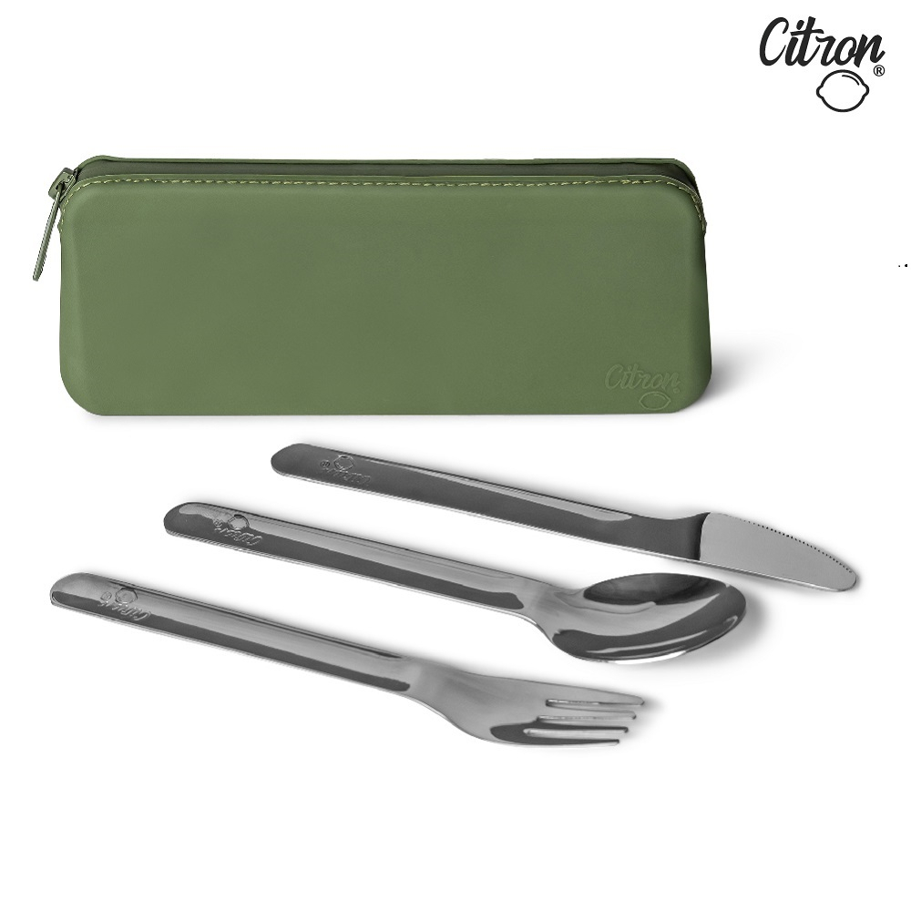 官方直營【Citron】兒童餐具隨行組_森林綠 (含刀、叉、湯匙、多功能矽膠袋), , large