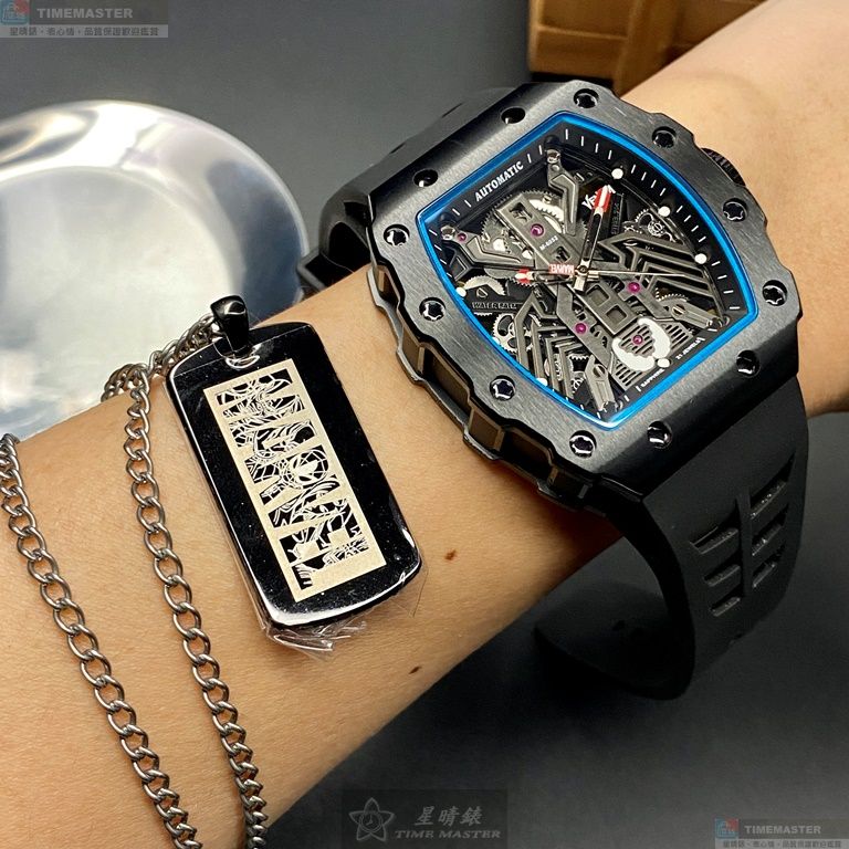 [星晴錶業]MARVEL手錶,44mm, 50mm,MARV002雙面機械鏤空錶面黑錶殼深黑色矽膠錶帶款, , large