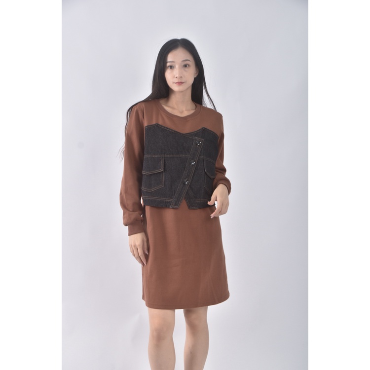 (S) betty s質感棉質假兩件棕色洋裝二手衣, , large
