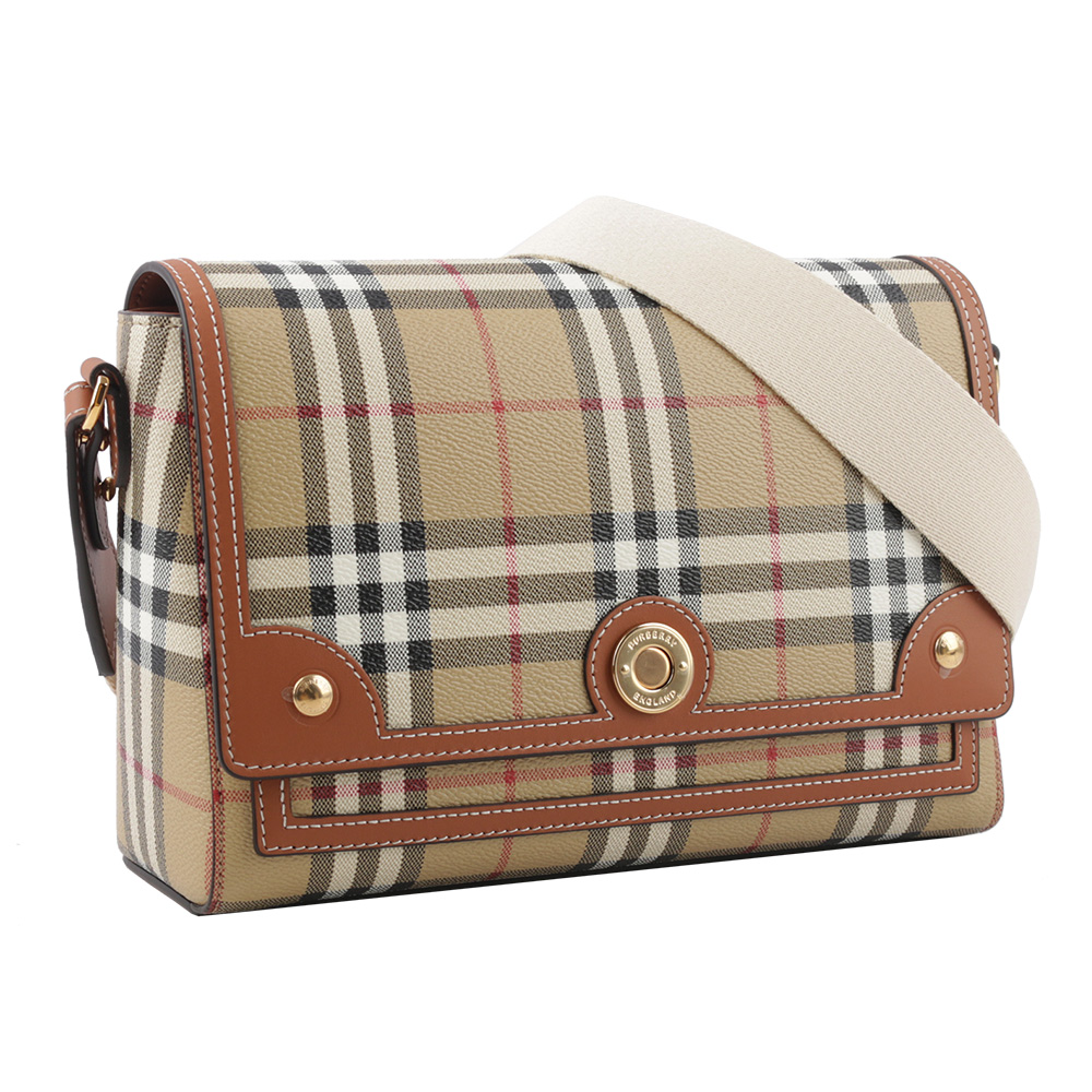 BURBERRY Note Vintage 格紋拼皮革翻蓋斜背包/ 石楠木棕色, , large
