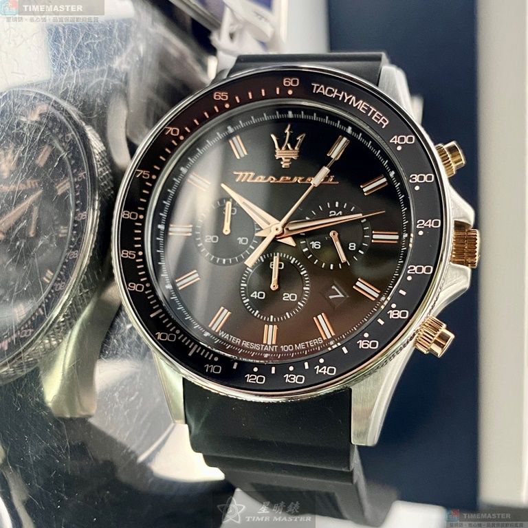 [星晴錶業]MASERATI手錶,44mm,R8871640002黑色錶面銀黑色錶殼深黑色矽膠錶帶款, , large