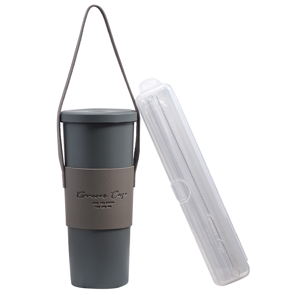 GREEN CUP芊杯內外316不鏽鋼真空吸管杯-800ml-酷炫灰-贈送皮革杯套+吸管組-1組