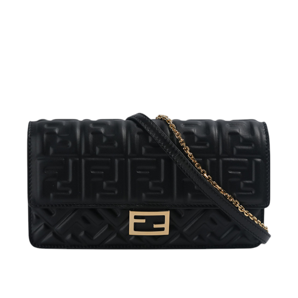 FENDI Baguette FF Logo 浮雕納帕皮革二用皮夾式鍊包/WOC/黑色