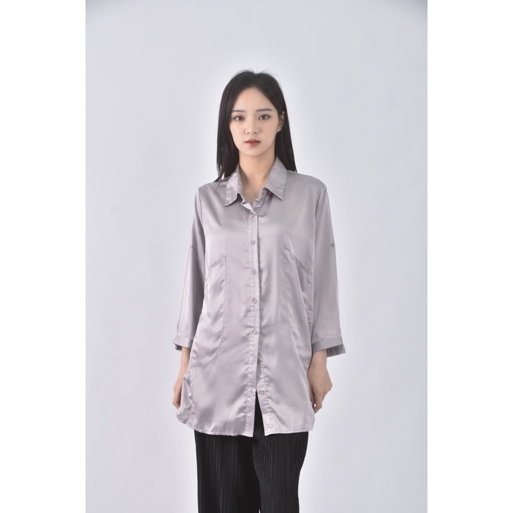 (L) in extenso質感緞面灰色長袖上衣二手衣, , large