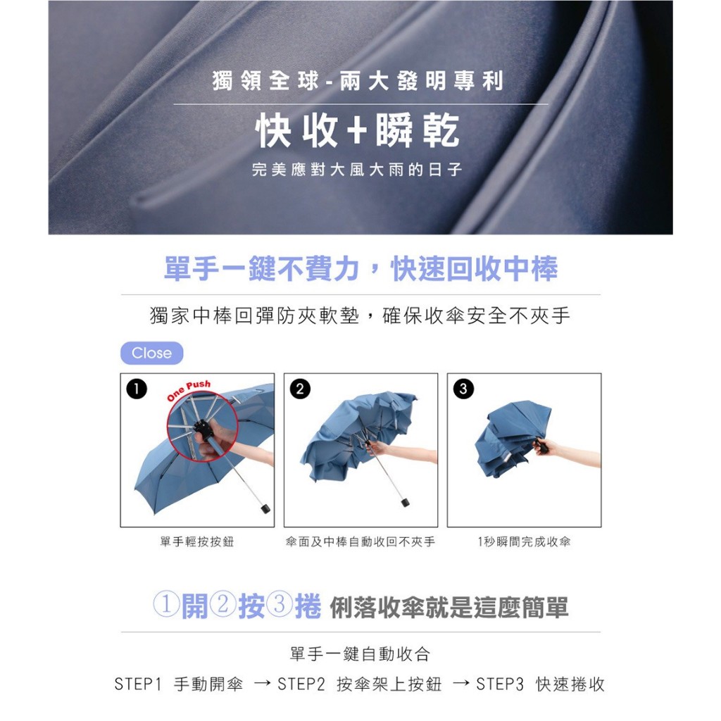 unispin 三秒瞬收 疾收傘 手開完美瞬收 記憶貼片 折疊傘 遮陽傘 陽傘 防潑水 摺疊傘 晴雨傘 快速出貨, 淺灰藍, large