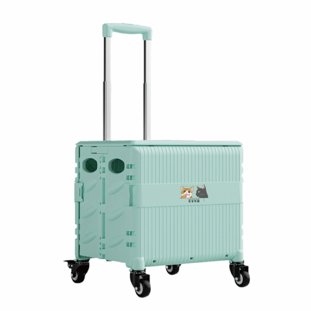 【A&R】吾家有貓多功能四輪折疊購物車 45L 夢幻綠 (萬向輪 摺疊 手拉車 收納車 拉桿 買菜 露營), , large