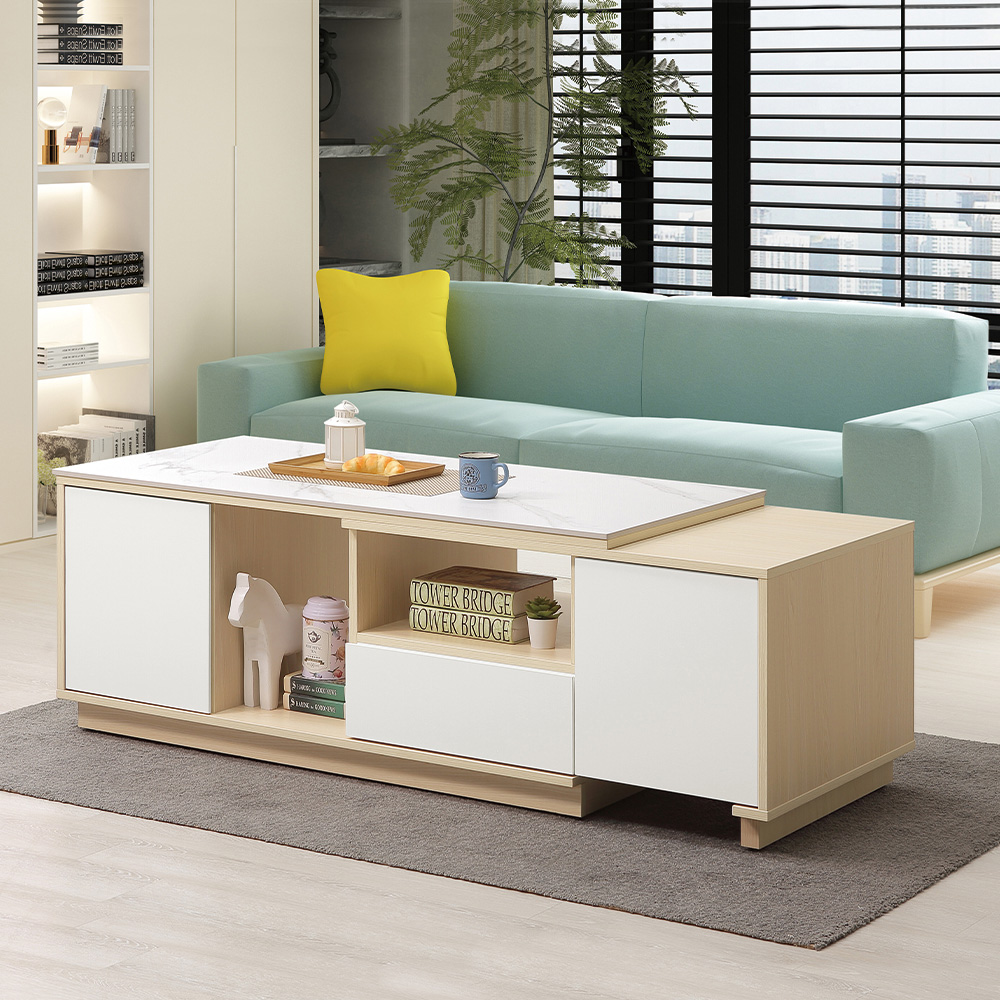 【唯熙傢俱】羅伊原木雙色4尺岩板伸縮大茶几, , large