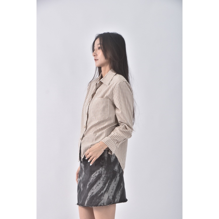 (L) warion質感格紋棕色長袖上衣二手衣, , large