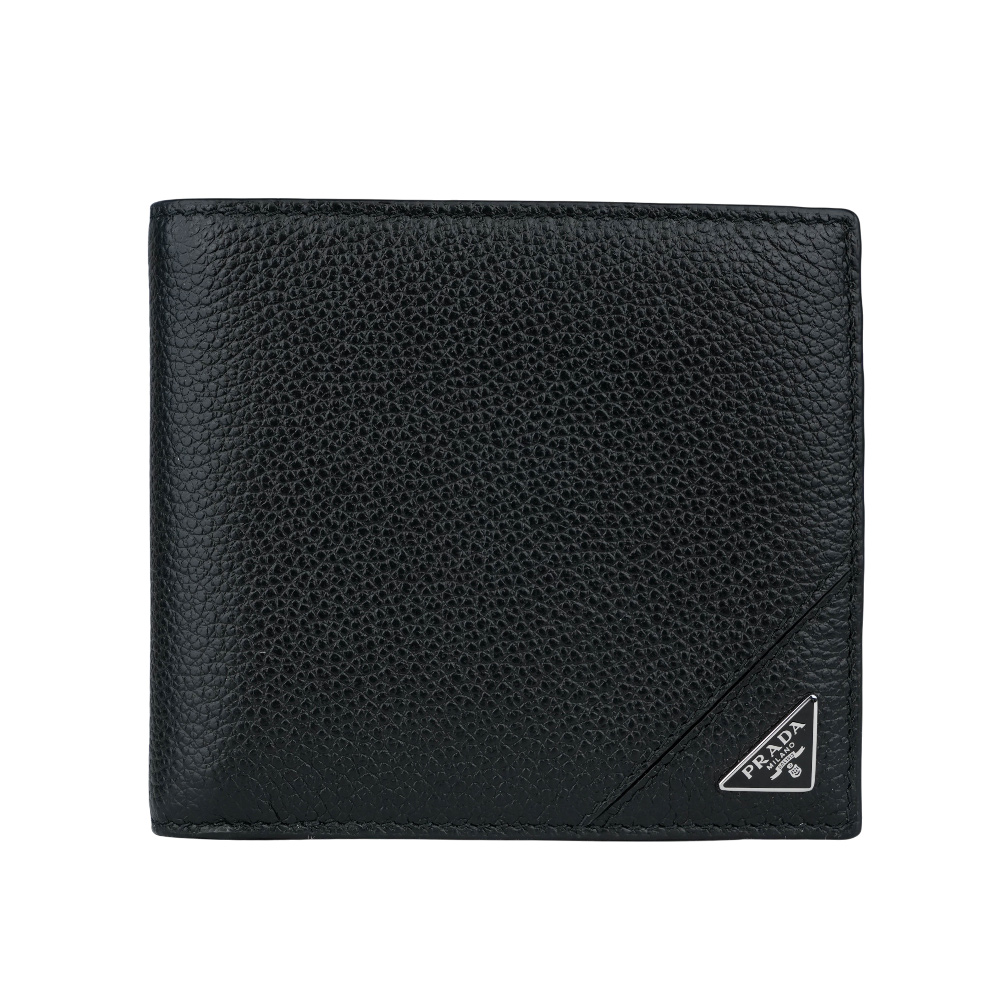 PRADA 銀字三角牌Logo 粒紋皮革對開多卡層短夾/黑色, , large