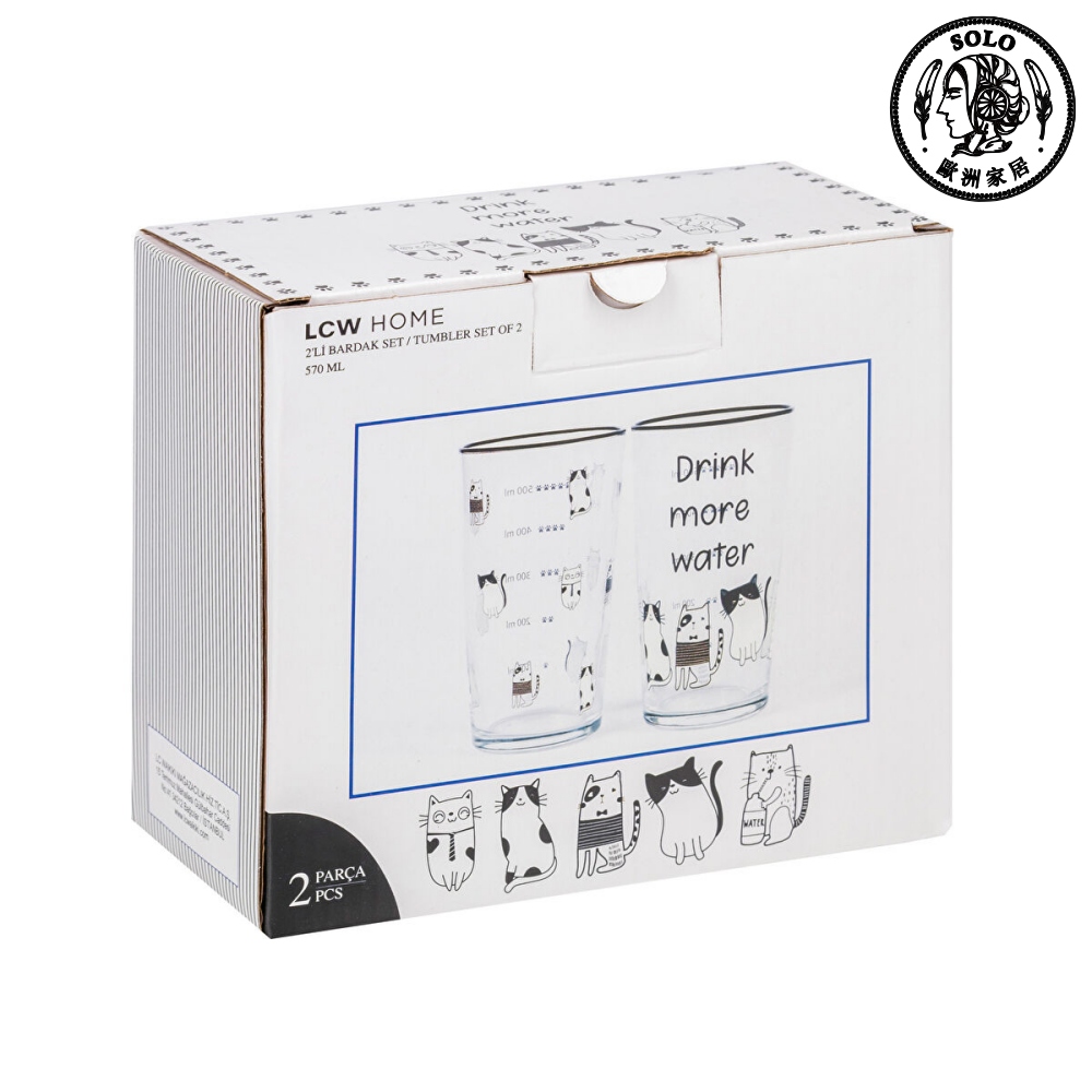 【SOLO歐洲家居】LCW Home 土耳其製 570ml 喝水提醒貓咪插畫玻璃水杯雙入組  水杯 果汁杯 2杯一組, , large