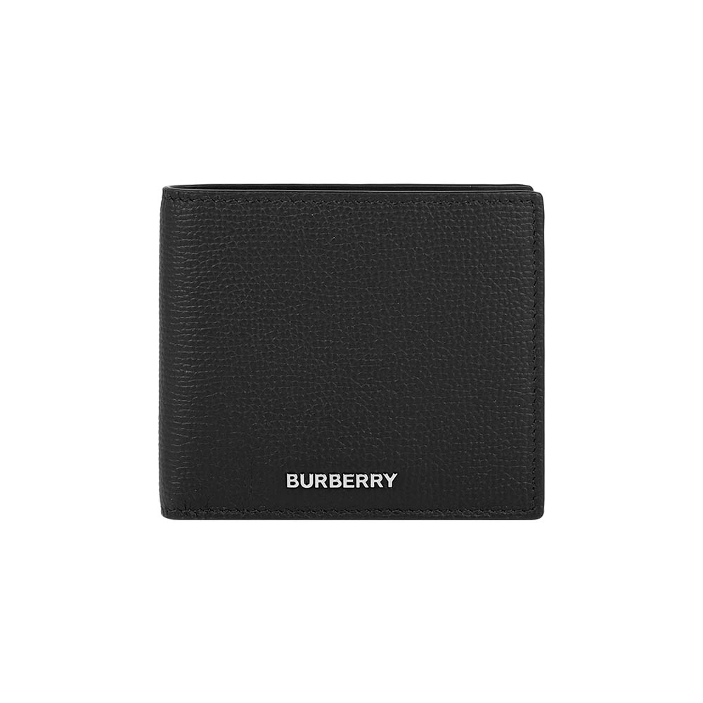 BURBERRY 銀色Logo 紋理牛皮對開8卡短夾(黑色)