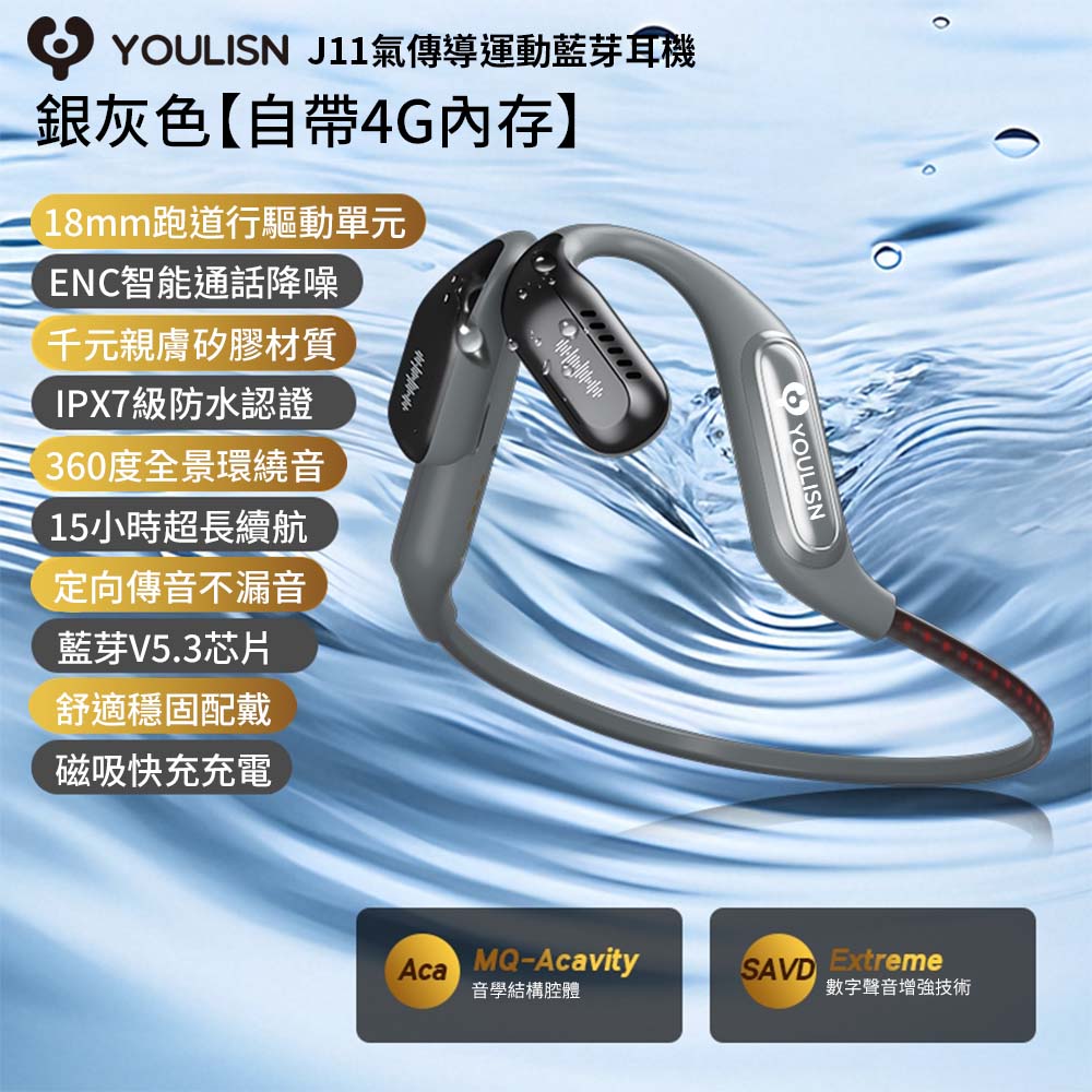 [JIELIEN]【YOULISN優力神】J11氣傳導防水運動藍芽耳機-銀灰
