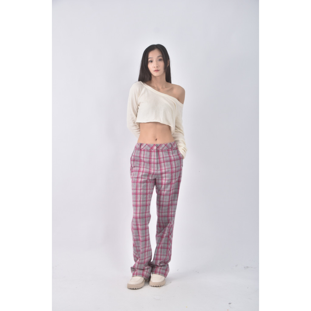 (L) 羊毛格紋粉色長褲二手衣