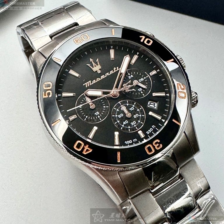 [星晴錶業]MASERATI手錶,44mm,R8873600003黑色錶面黑錶殼銀色精鋼錶帶款, , large