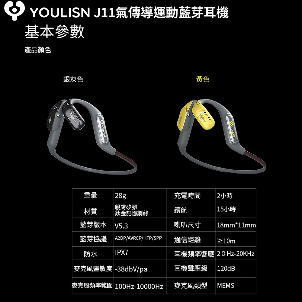 [JIELIEN]【YOULISN優力神】J11氣傳導防水運動藍芽耳機-銀灰, , large